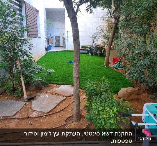 כלי גינון, צינור מים, דשא סינתטי, עצים ושיחים